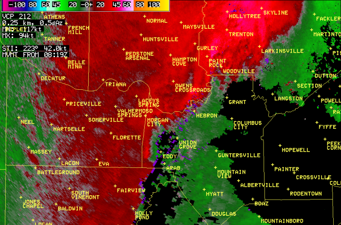 Radar image from 3:19 am CDT October 25th 2010 showing a circulation moving into the Arab area in Marshall County, Alabama.