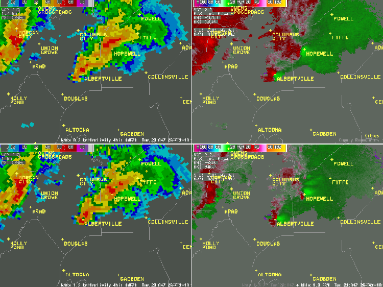 Western Dekalb County (Geraldine) tornado radar data from October 26th, 2010.