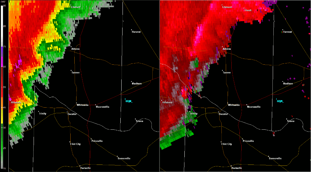 Hytop, AL Radar (HTX) radar loop of the EF-0 tornado track.  The imagery on the left is reflectivity, while the imagery on the right is storm-relative velocity.  Click on the image to loop. 