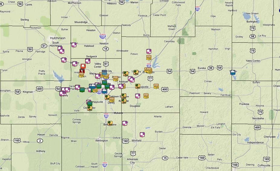 icons indicating local storm reports across
south central Kansas