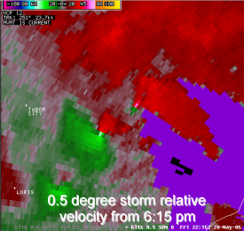 0.5 degree storm relative velocity from 6:15 pm