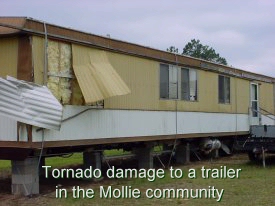 Tornado damage to a trailer in the Mollie community