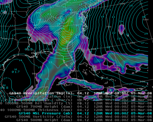 Image of GFS Model showing Surface Pressure and Precipitation