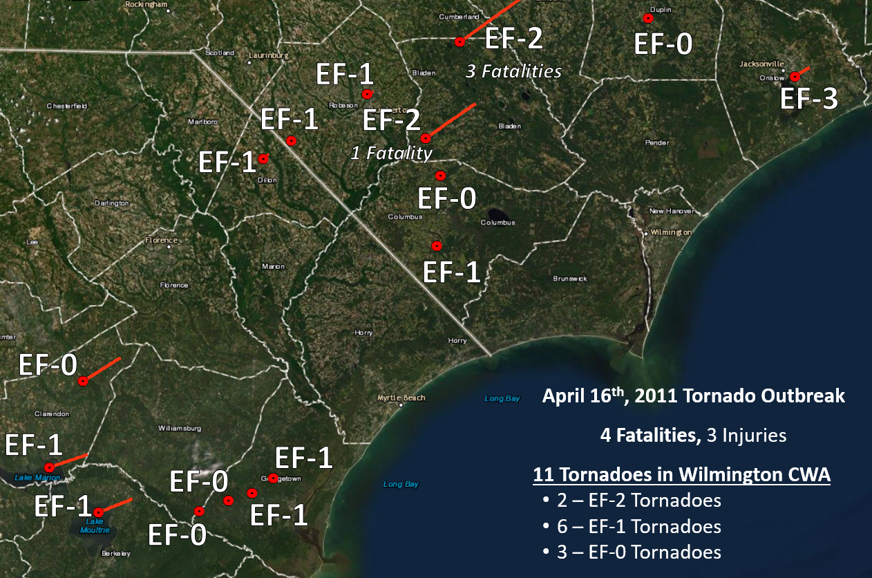 A summary of the April 16, 2011 Tornadoes across the Wilmington area. Several other tornadoes were confirmed over portions of eastern NC.