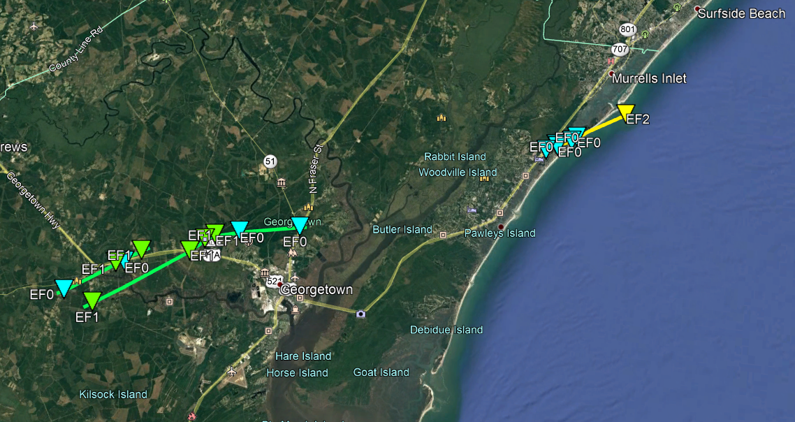 Damage paths from the three Georgetown County tornadoes of April 13, 2020
