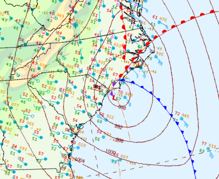 Surface weather map showing the December 2023 Noreaster centered near Cape Fear, NC