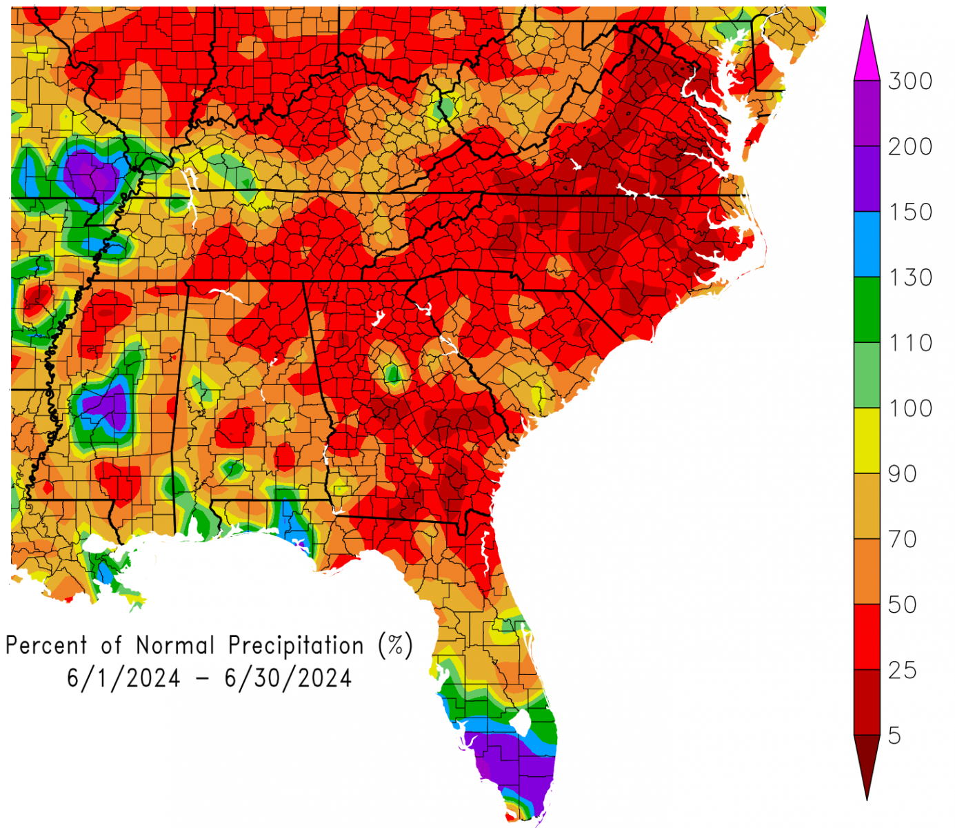 Observed rainfall percent of normal during the month of June 2024