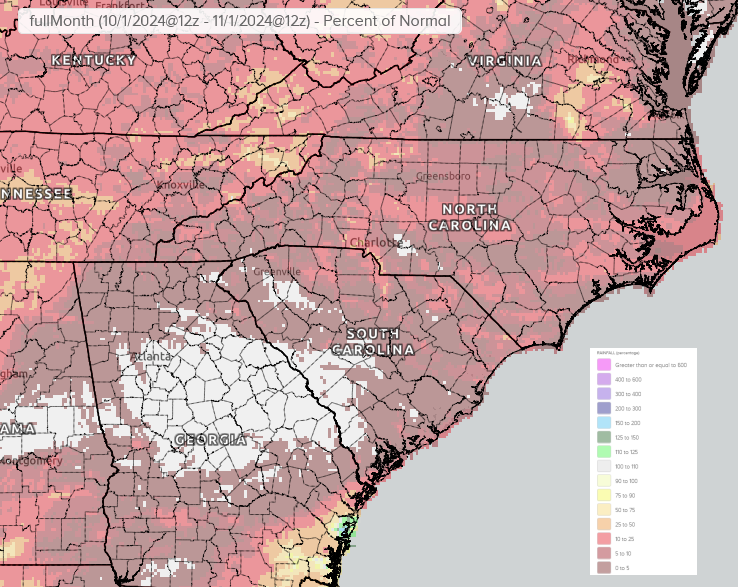 October's rainfall was less than five percent of normal across large portions of the Southeast