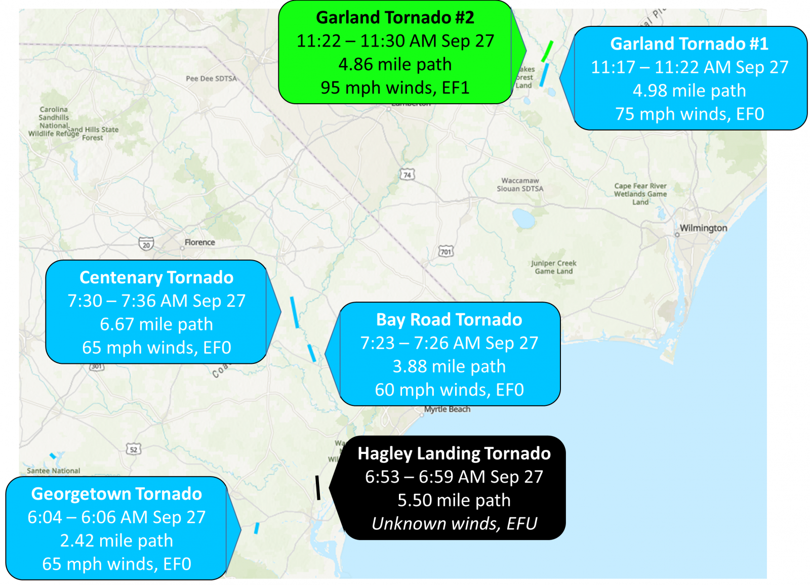 Map of tornadoes across southeastern NC and northeastern SC associated with Hurricane Helene: September 27, 2024