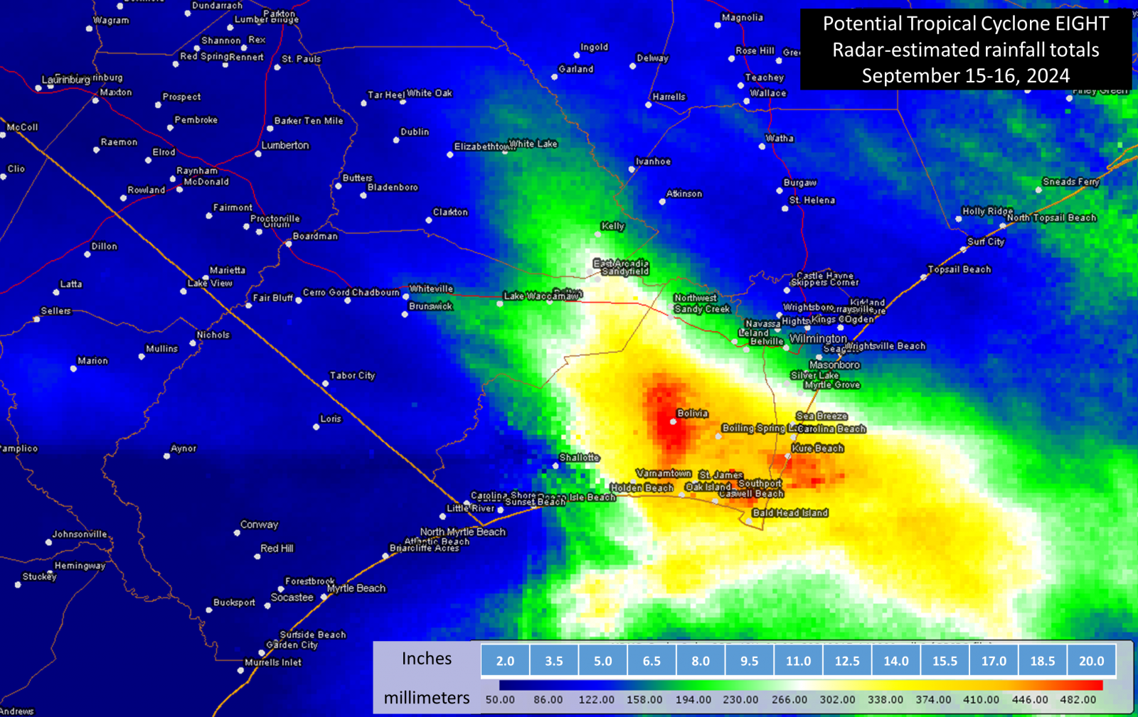 MRMS rainfall estimates for September 15-16, 2024 shows an area of 12 to 20 inches of rain likely fell across the Cape Fear area.