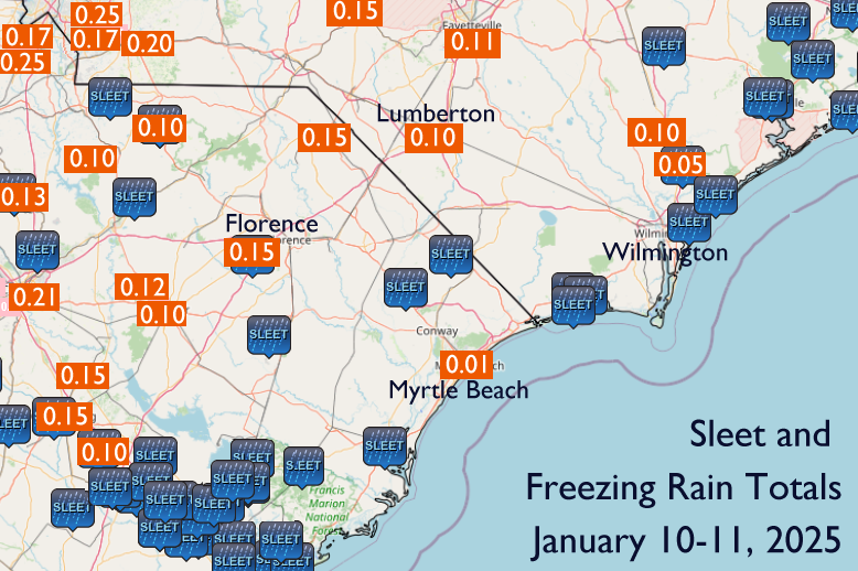 Freezing rain accumulation and sleet reports from the January 10-11, 2025 winter storm