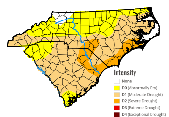 The current U.S. Drought Monitor shows moderate to locally severe drought is ongoing across most of the eastern portions of North and South Carolina