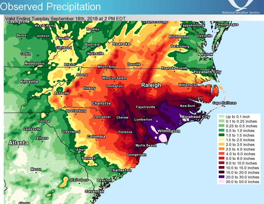 Multi-sensor rainfall estimates from Hurricane Florence, produced by National Weather Service Eastern Region Headquarters.