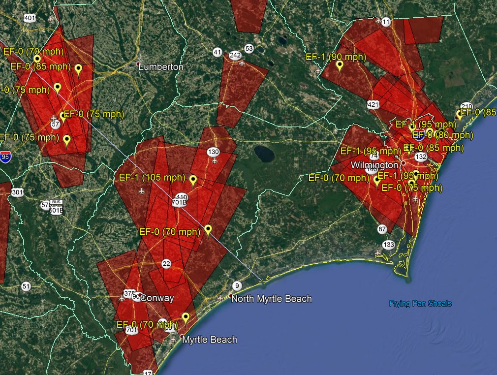 Map of confirmed tornado touchdowns across the NWS ILM forecast area during Hurricane Florence