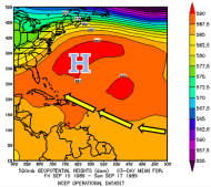 Mean 500 mb heights across the Atlantic from September 15-17, 1989.  Produced on www.esrl.noaa.gov/psd