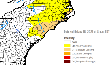 The U.S. Drought Monitor classifies a portion of southeastern North Carolina and northeastern South Carolina in Moderate Drought (D1)