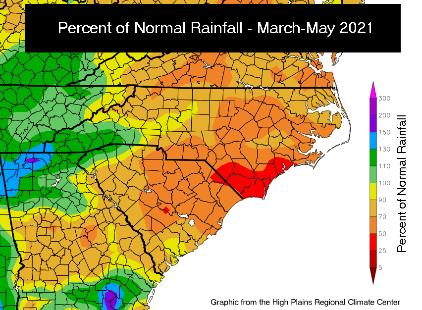 Rainfall has been less than 50 percent of normal across portions of southeast NC this spring