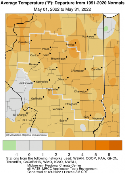 Feb 2022 Average Temperature Departure from Normal in Central IL