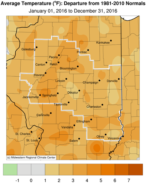 2016 temperature departure from normal. Image courtesy of Midwestern Regional Climate Center.