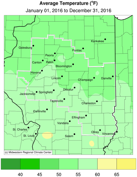 Average temperature in 2016. Image courtesy of Midwestern Regional Climate Center.