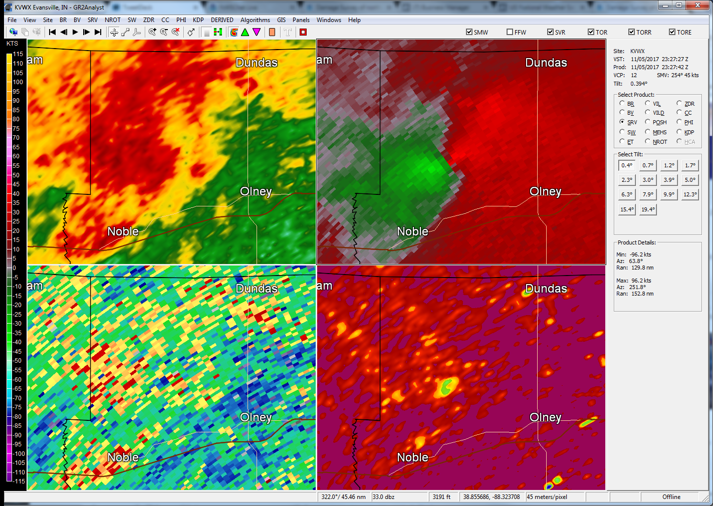 Evansville radar image from 5:27 pm