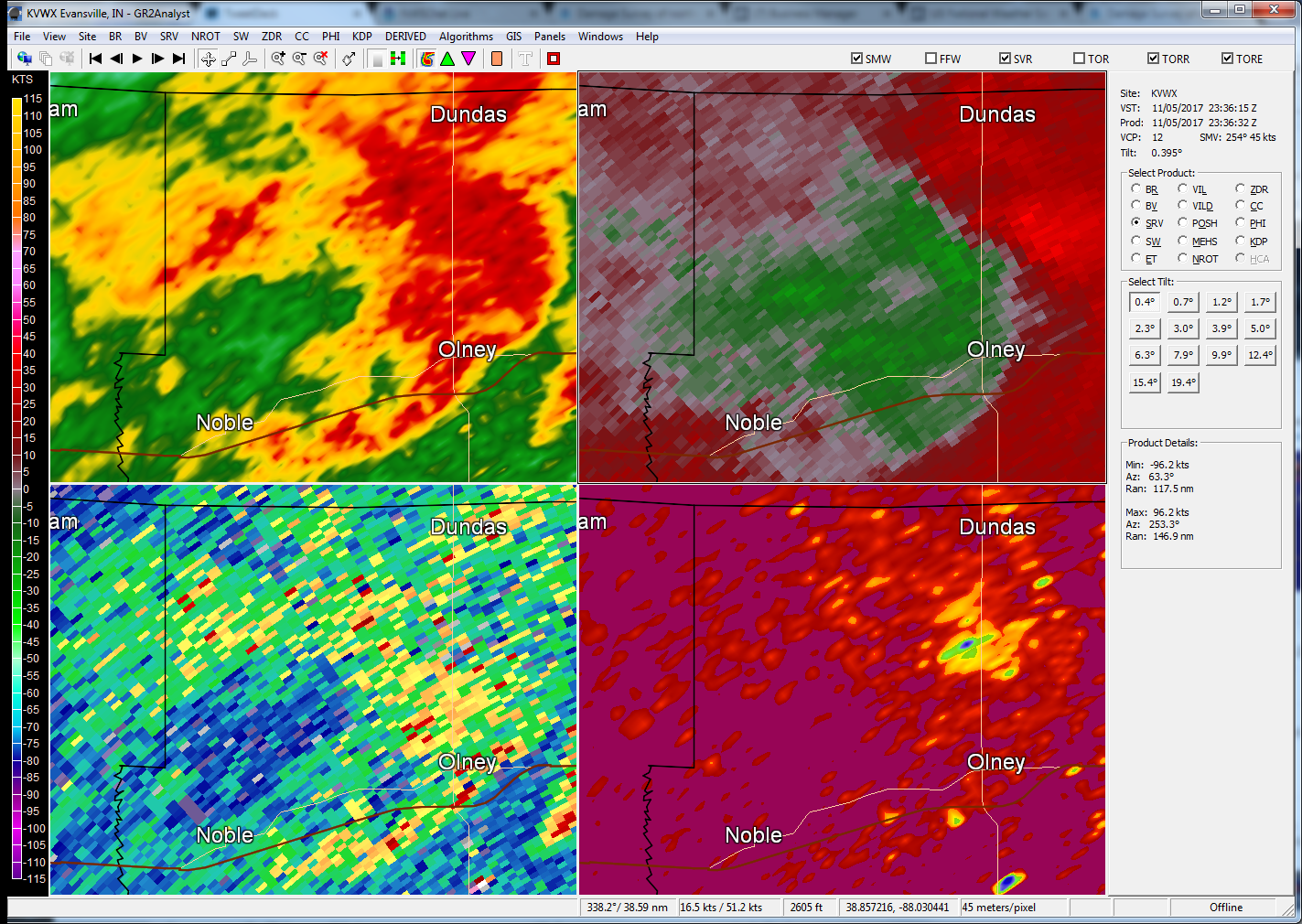 Evansville radar image from 5:36 pm