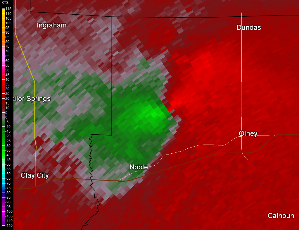 Circulation seen in Doppler radar imagery at 5:27 pm