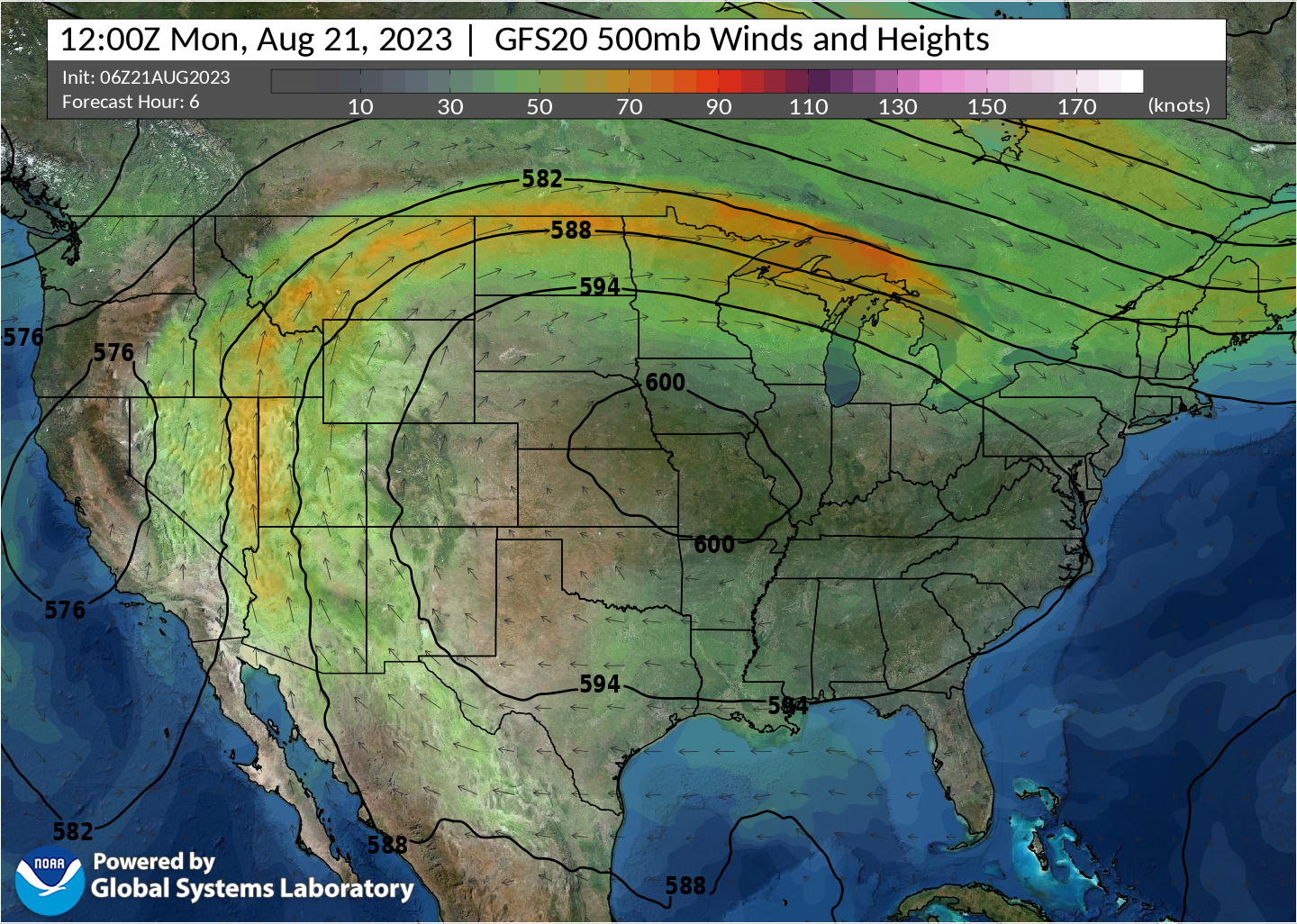 Winds and 500 mb pressure heights at 7 am CST Monday, August 21