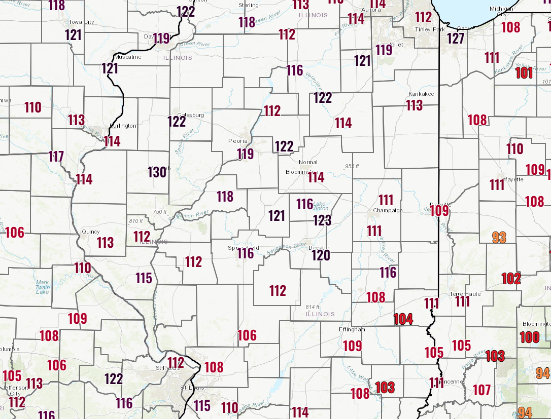 Heat index values on August 23rd at 4 pm CDT