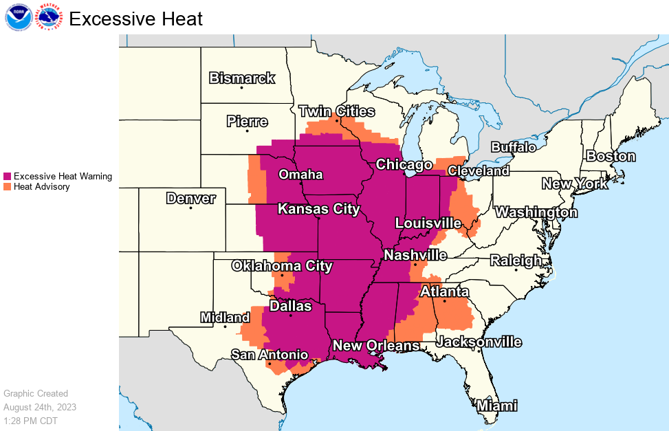 Extent of Excessive Heat Warnings (purple) on Thursday, August 24