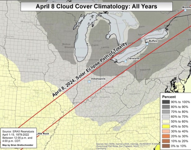 Climatology of cloud cover on April 8th, using data from 1979-2022. Image courtesy of Brett Brettschneider, NWS Alaska Region.