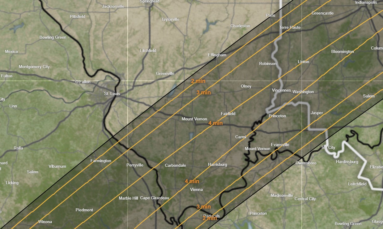 Area of totality (shaded) across southern Illinois. Image courtesy of NASA.
