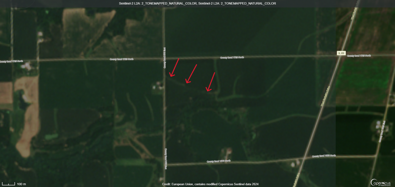 Sentinel satellite data showing damage through a corn field