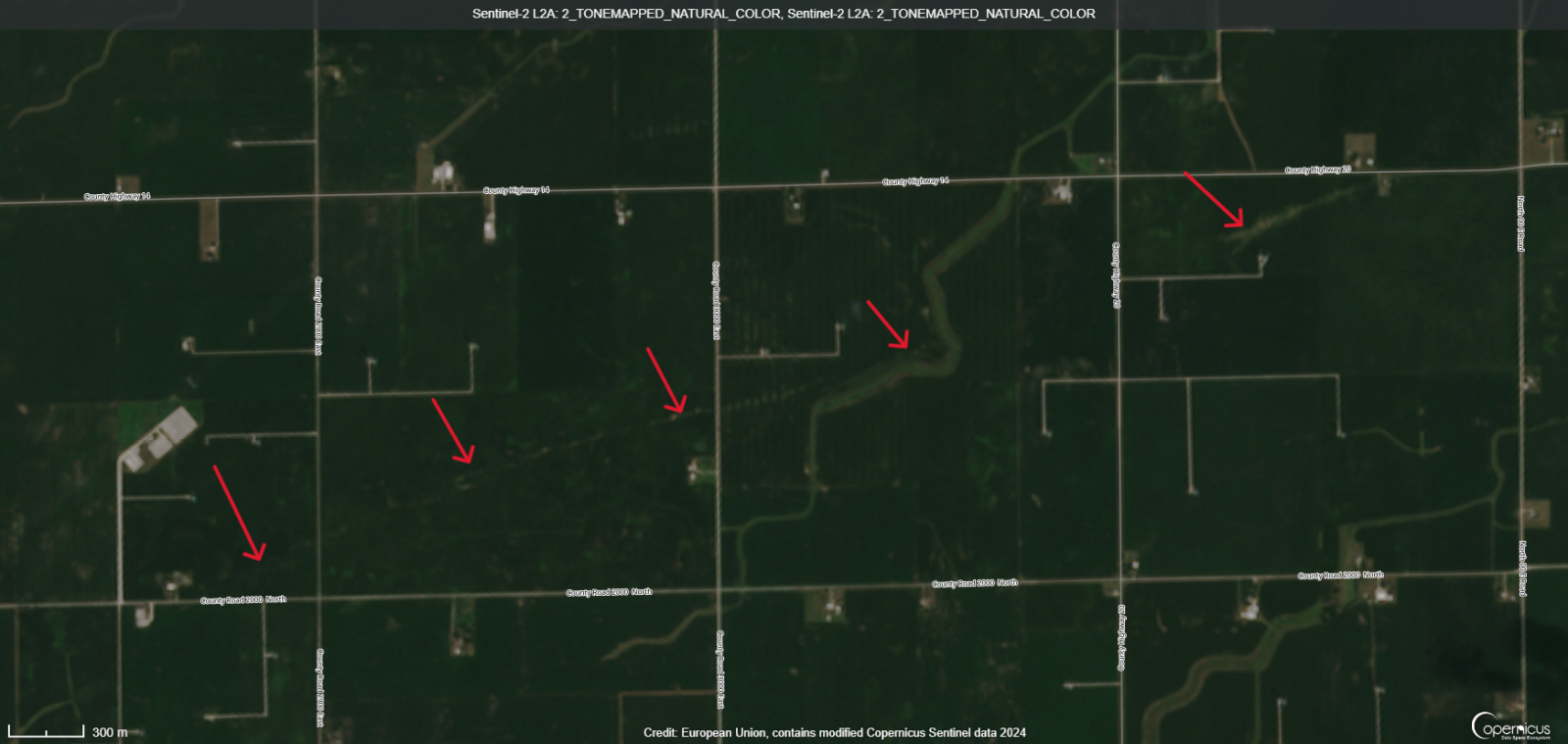 Sentinel satellite data with crop damage highlighted