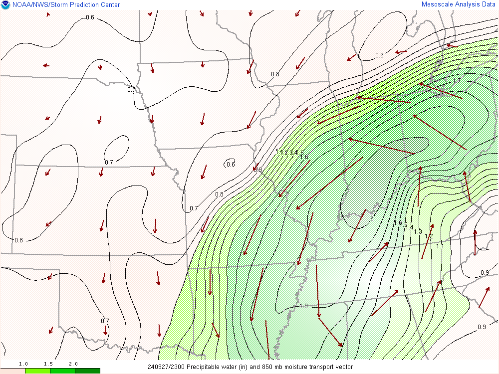 Precipitable Water and Moisture Transport at 7 PM EDT