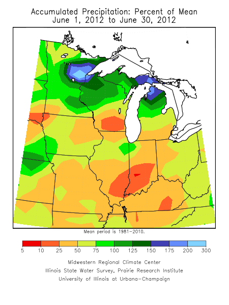 Midwest Plot of June Precipitation as Percent of Normal