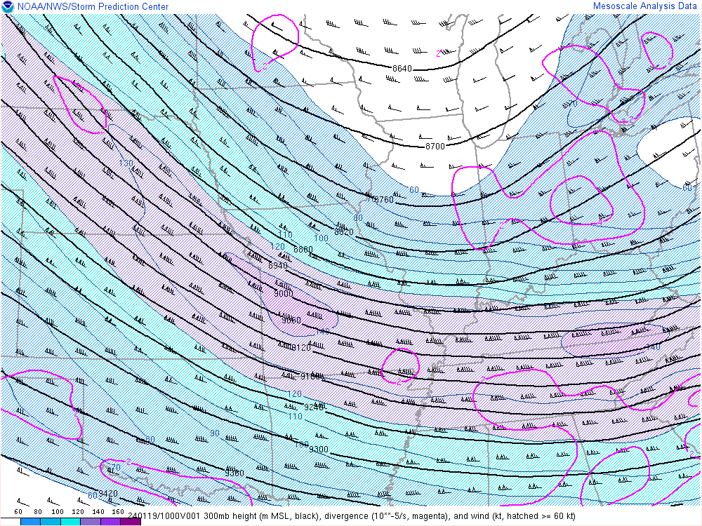 Environment - Wind Speeds and Divergence at 300mb showing conditions favorable for lift