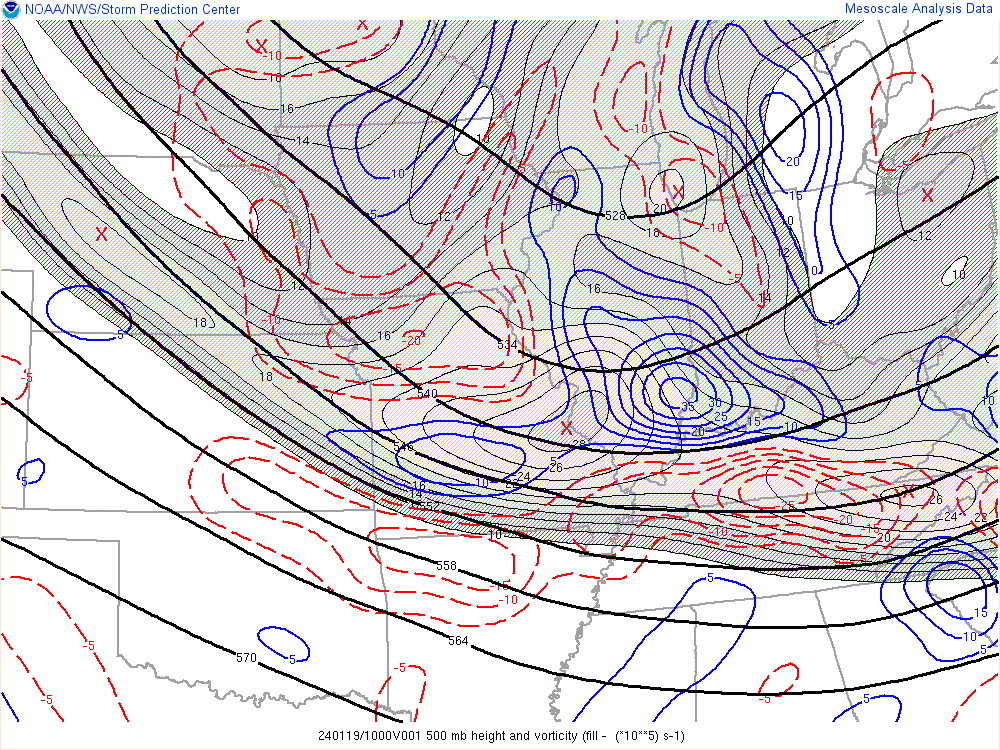 Environment - 500mb Heights and Vorticity Advection, showing conditions favorable for lift