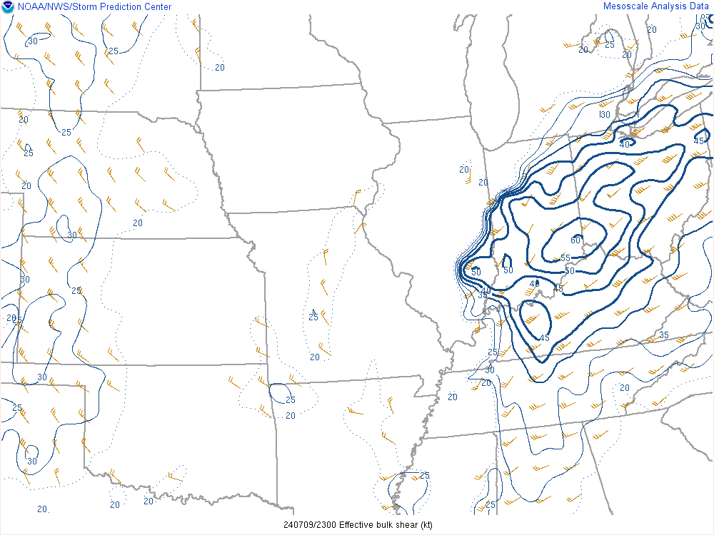 Environment Effective Shear at 7 PM EDT