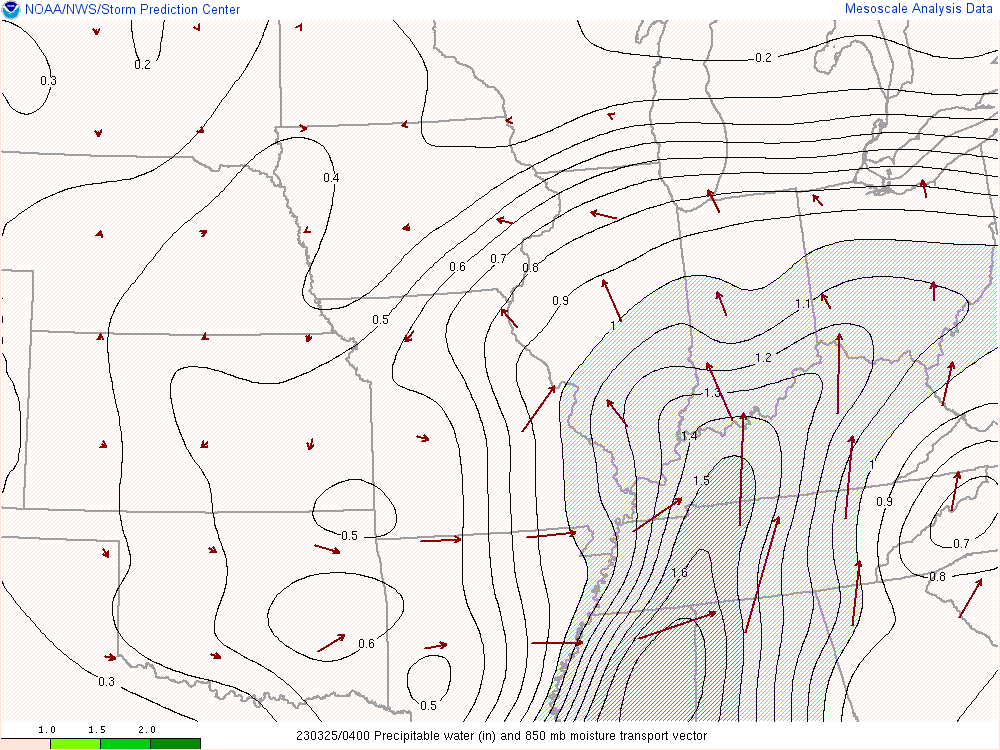 Precipitable water and moisture transport at midnight March 25
