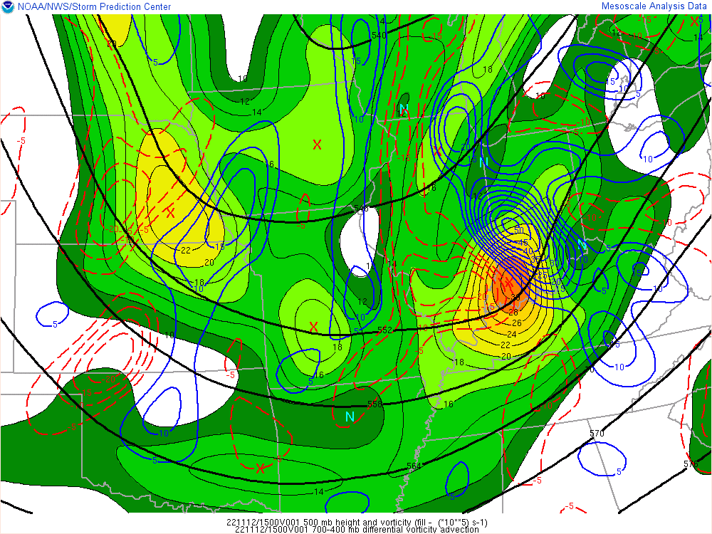 Environment - 500mb Heights and Layer Vorticity Advection at 9 AM EST