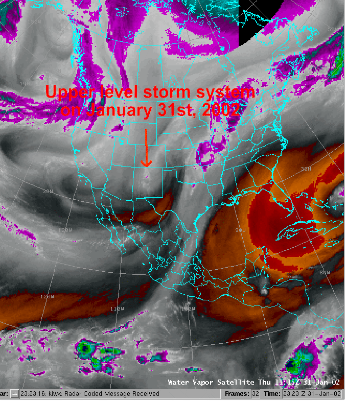 Water Vapor satellite image showing developing storm system for January 31st, 2002