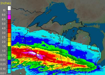 Rainfall Map across the Southern Great Lakes