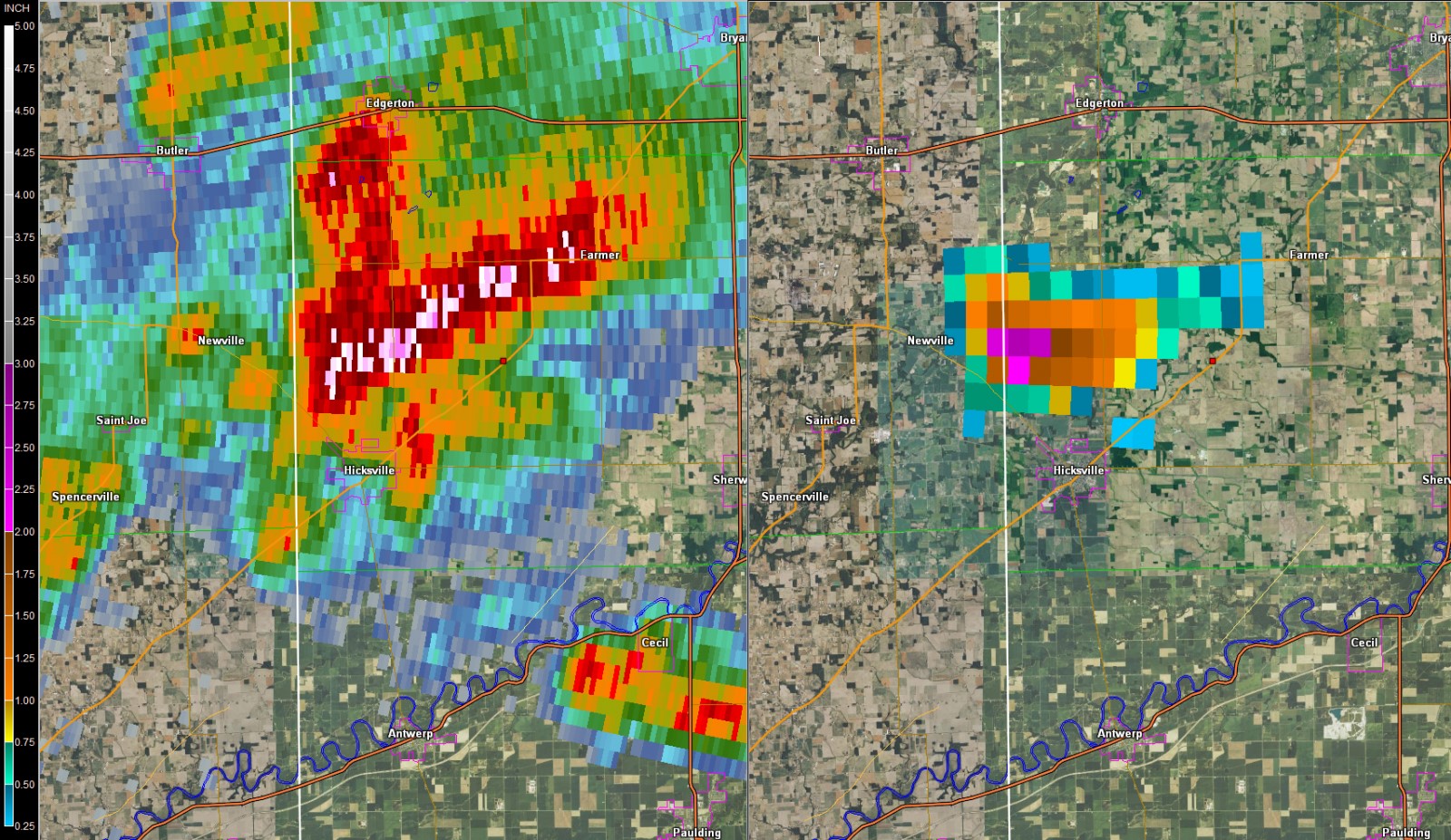 247 pm EDT 0.5 degree radar reflectivity (left) and maximum estimate hail size (right)