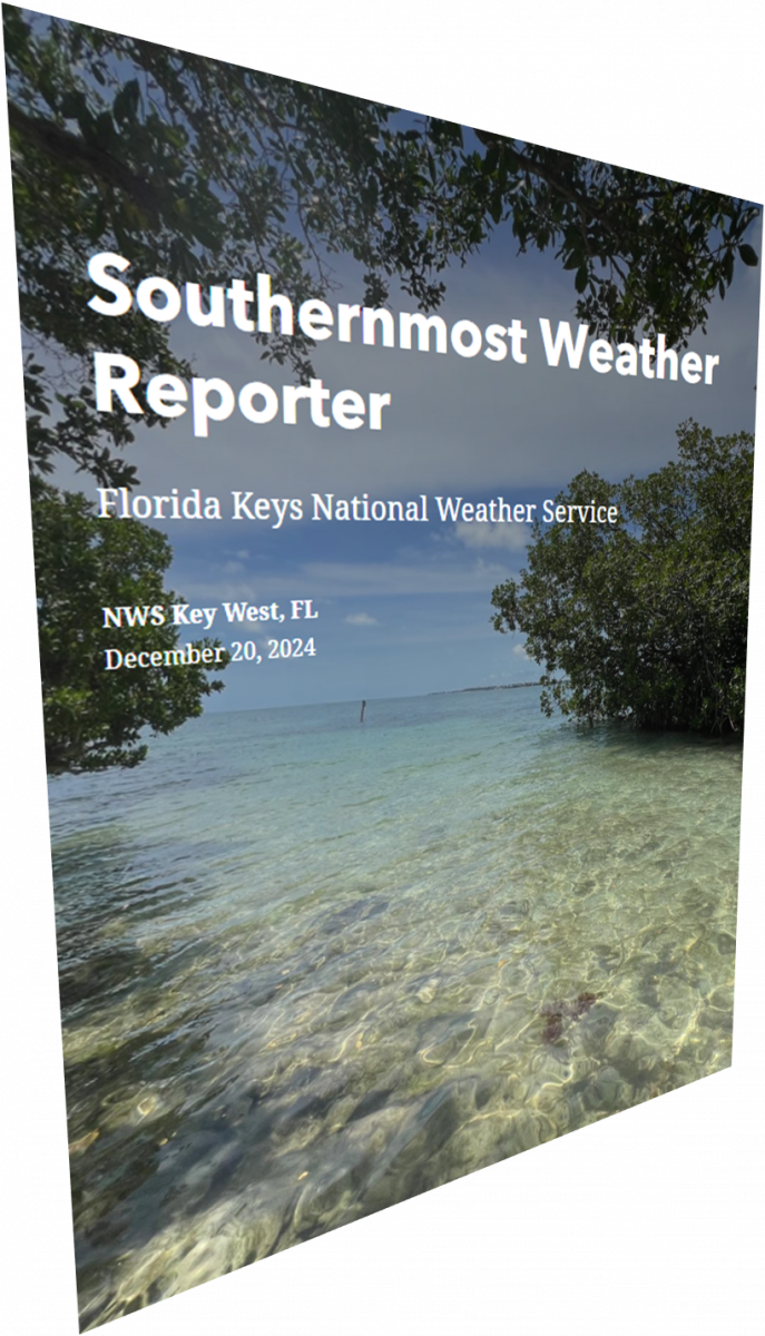 Thumbnail for the December 2024 edition of the Southernmost Weather Reporter, showing a water view between two mangroves.