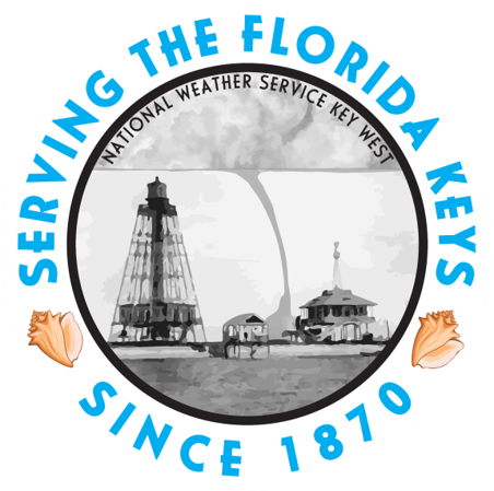 Florida Keys NWS Office logo that consists of the old Sand Key Light U.S. Weather Bureau Office with a waterspout in the background with text stating 'Serving the Florida Keys since 1870' and two conch shells.