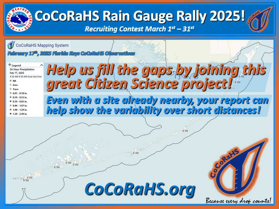 Key West CoCoRaHS Rain Gauge Rally Graphic, Showing Recent Report Locations