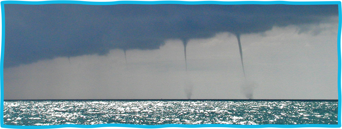 Photo of a family of 4 waterspouts, credit Matt Strahan, former Meteorologist-in-Charge of the Florida Keys NWS.