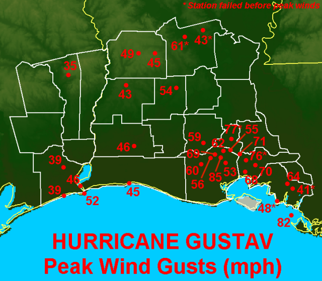Hurricane Gustav Peak Wind Gusts image