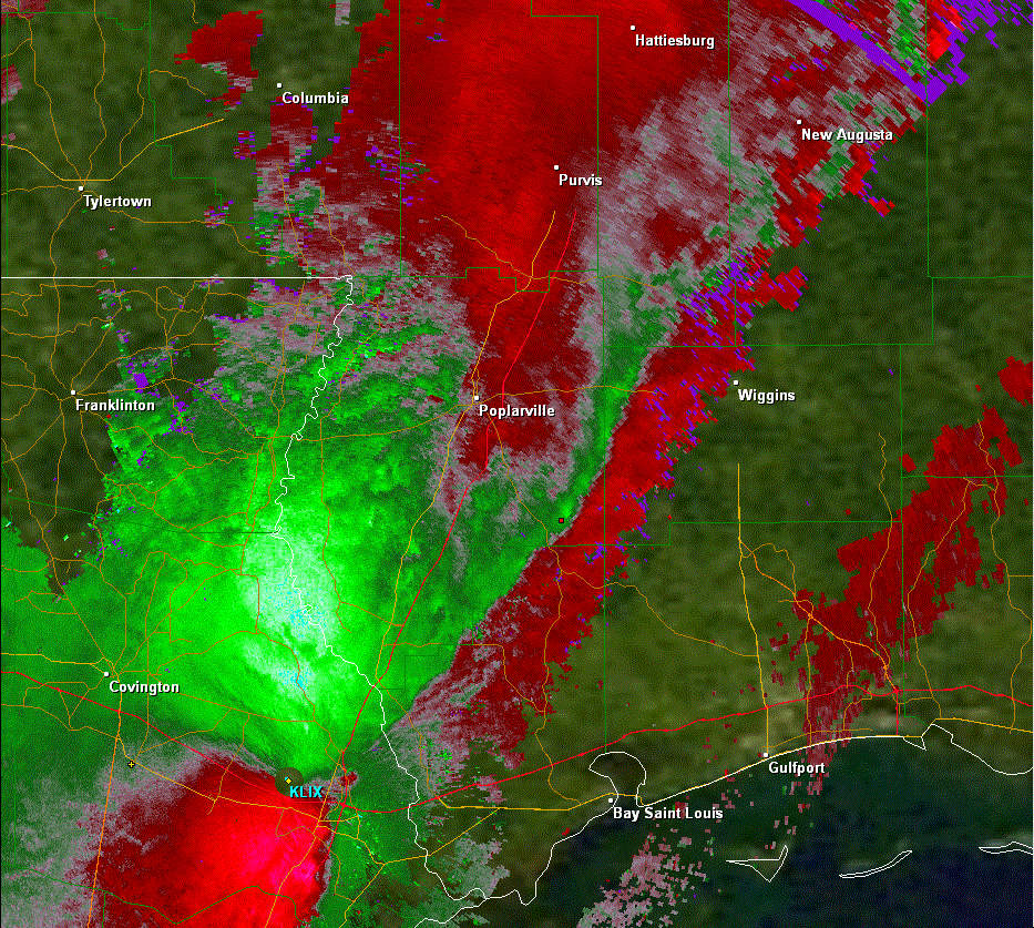 KLIX Storm Relative Velocity product for Pearl River County, MS tornado - 04/04/11 741 PM CDT
